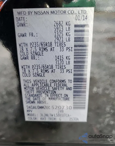 2014 Infiniti Qx60 z USA, uszkodzony, nr VIN 5N1AL0MM2EC520730